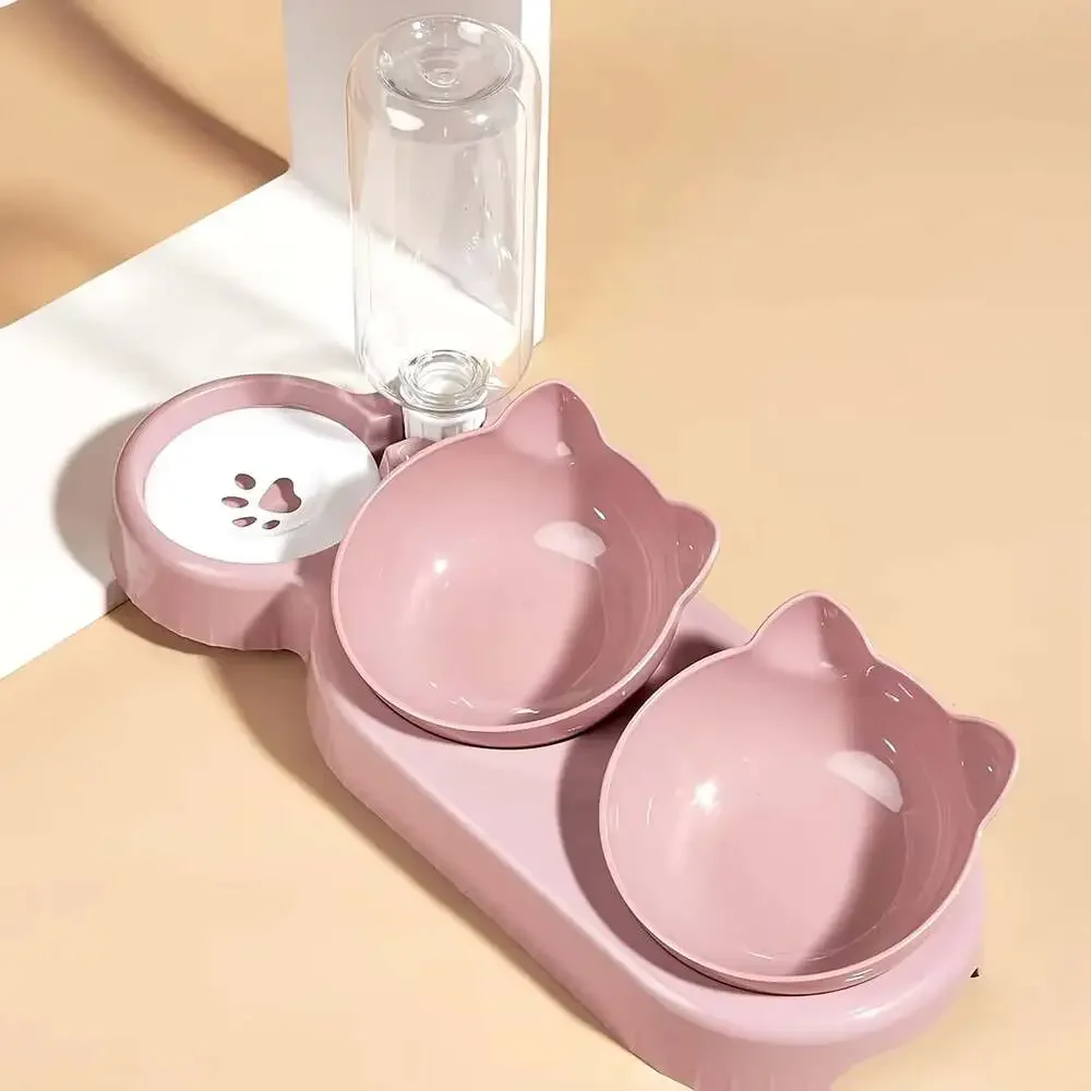 Pet Bowls with Water Feeder, 3 in 1 Ear Design Tilted Cat Water and Food Bowl Se